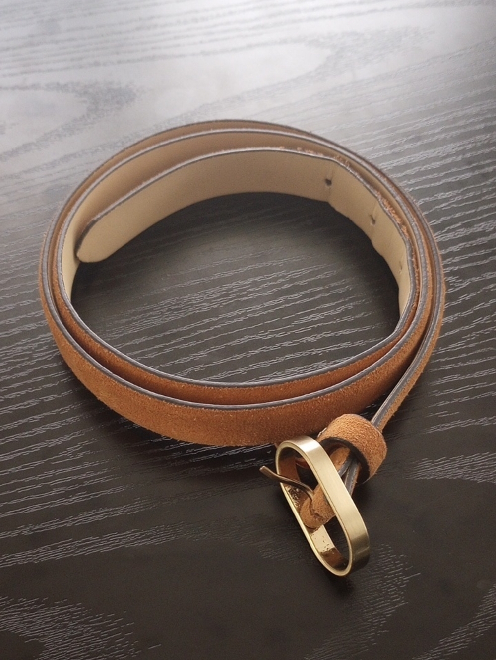 Tan Suede Genuine Leather PU Lined Belt with Gold Loop Buckle